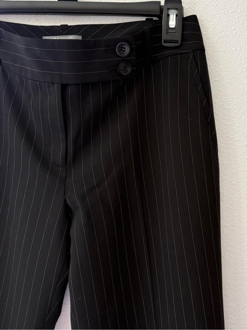 Ann Taylor Margo Black Pinstripe Trousers with Double-Button Waist